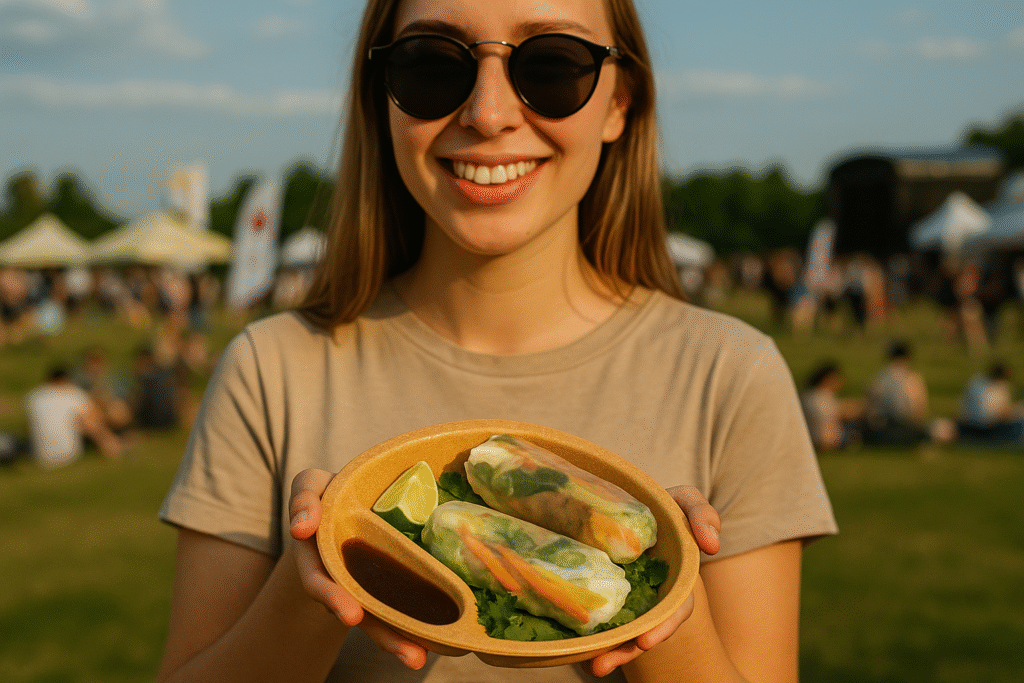 Frau bei einem Festival hält einen Mehrwegteller mit Summerrolls in der Hand. Im Hintergrund unscharf ein Fest der Natur.